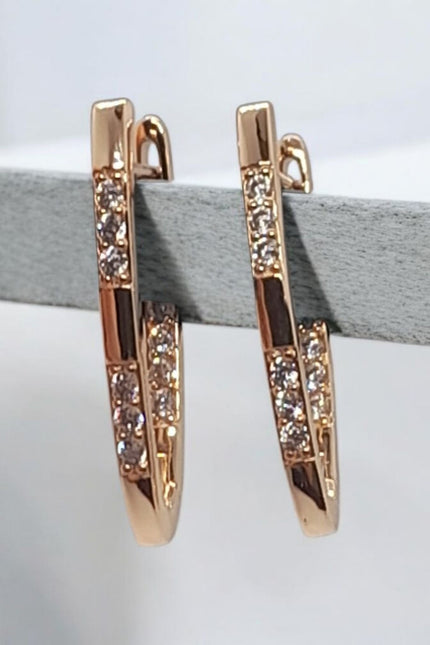 Rolled RG 585 Rose Gold  White Zirconia Earrings Hoops English Lock