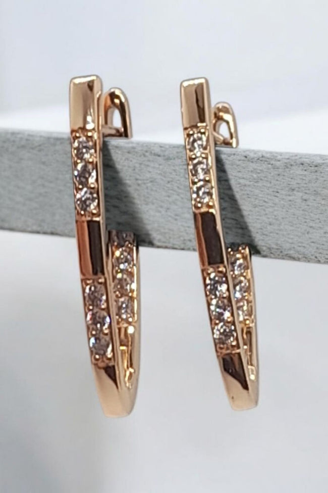 Rolled RG 585 Rose Gold  White Zirconia Earrings Hoops English Lock