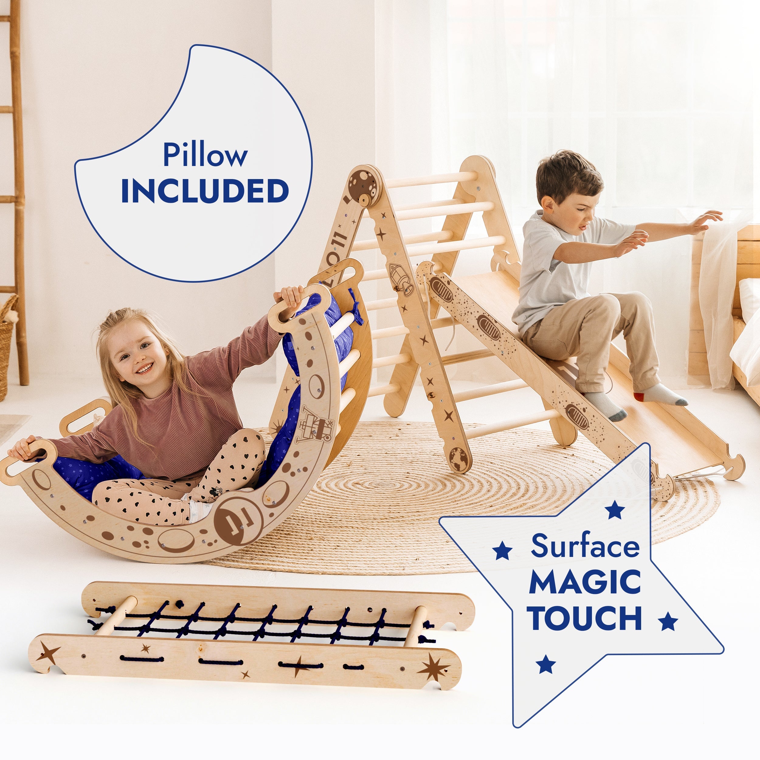 Apollo Climbing Set: Pikler Triangle, Net, Arch, Slide Board, and Cushion