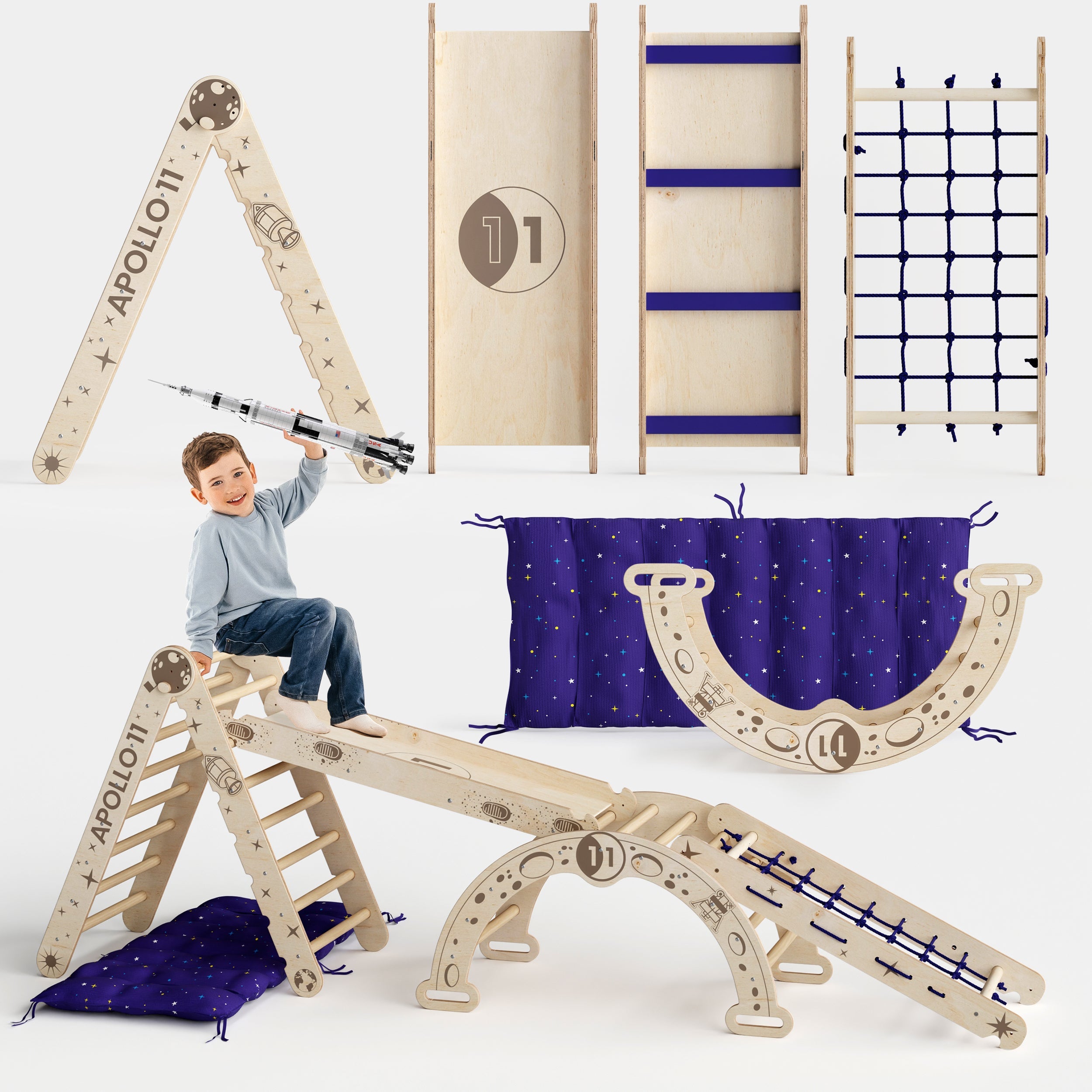 Apollo Climbing Set: Pikler Triangle, Net, Arch, Slide Board, and Cushion