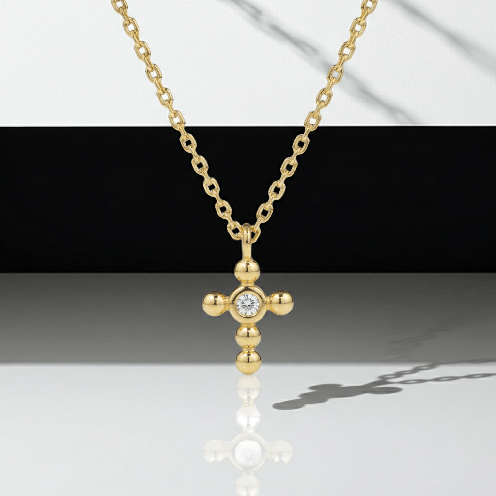 14K Solid Gold Dainty Cross Bezel Setting Diamond Necklace