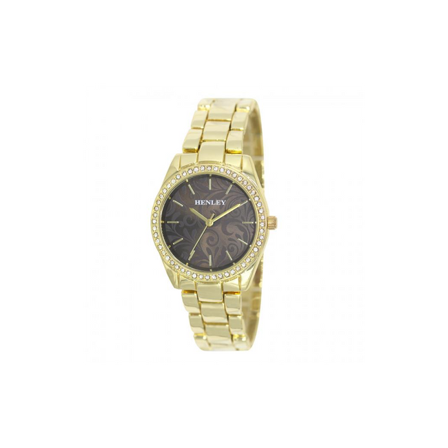 Henley Ladies Bling Etched Patterned Brown Dial & Gold plated Bracelet Watch and Presentation Gift Box