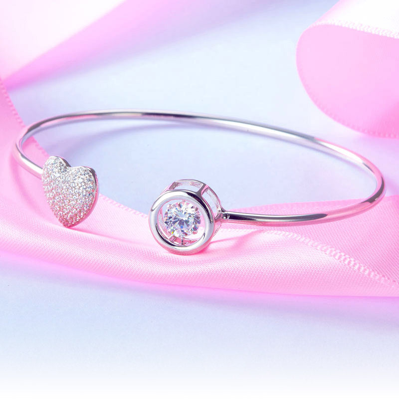 Dancing Stone Heart Bangle Bracelet Solid 925 Sterling Silver Bridal Wedding, Birthday,Christmas, Engagement