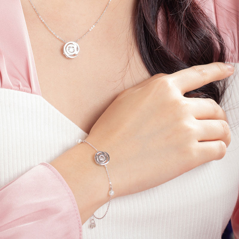 Moissanite Diamond Fresh Water Pearls & Dancing Stone Bracelet Solid Rhodium Plated 925 Sterling Silver