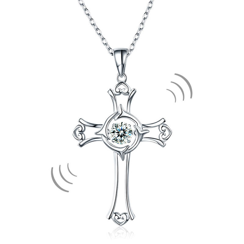 Dancing Stone Heart Cross Pendant Necklace 925 Sterling Silver