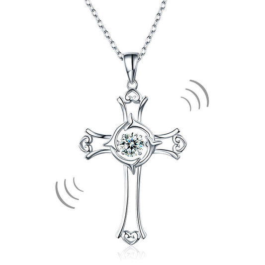 Dancing Stone Heart Cross Pendant Necklace 925 Sterling Silver