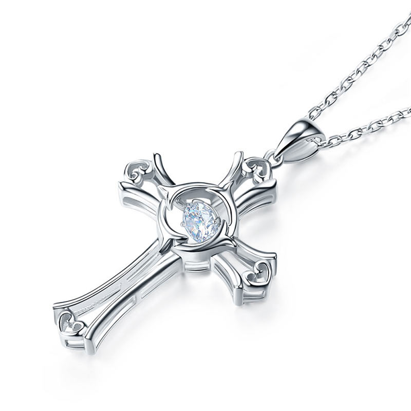 Dancing Stone Heart Cross Pendant Necklace 925 Sterling Silver