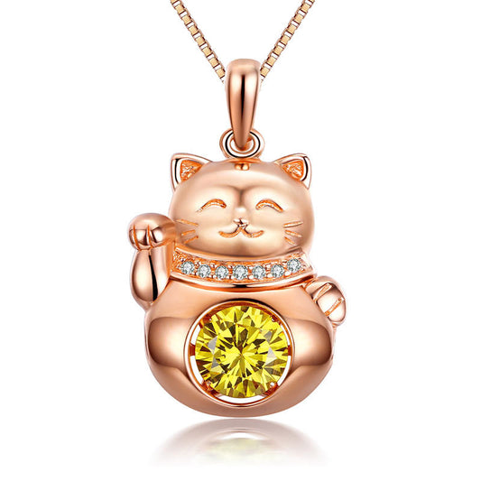 Lucky Cat Dancing Stone Pendant Necklace 925 Sterling Silver Rose Gold Plated