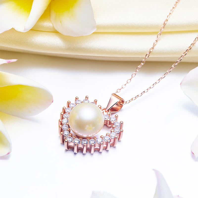 Fresh Water Pearl Heart Necklace 925 Sterling Silver with Rose Gold Plated