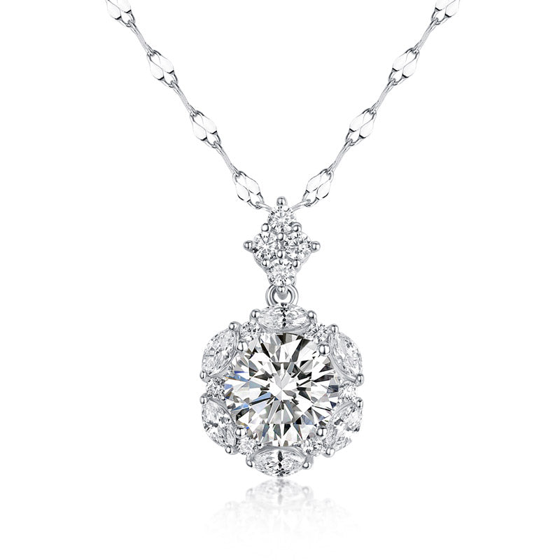Solid Rhodium Plated 925 Sterling Silver 2.0 Ct 8 mm. Moissanite Diamond Flower Pendant & Necklace