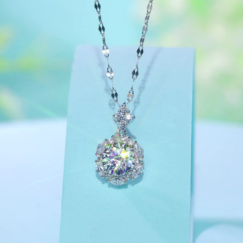 Solid Rhodium Plated 925 Sterling Silver 2.0 Ct 8 mm. Moissanite Diamond Flower Pendant & Necklace