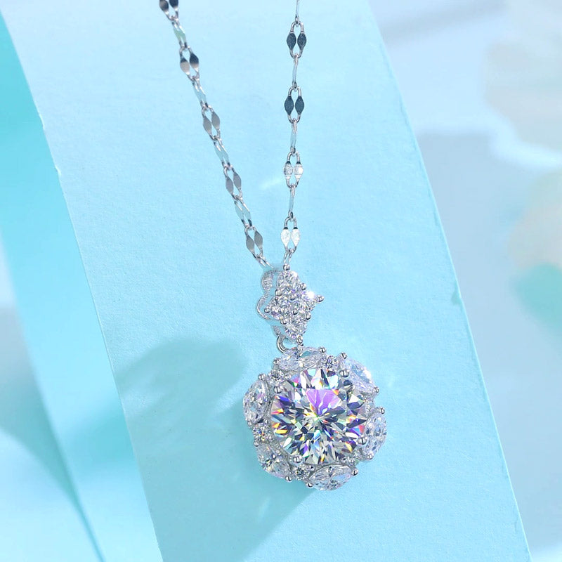 Solid Rhodium Plated 925 Sterling Silver 2.0 Ct 8 mm. Moissanite Diamond Flower Pendant & Necklace