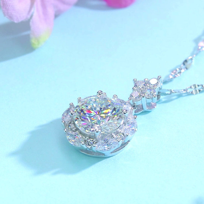 Solid Rhodium Plated 925 Sterling Silver 2.0 Ct 8 mm. Moissanite Diamond Flower Pendant & Necklace