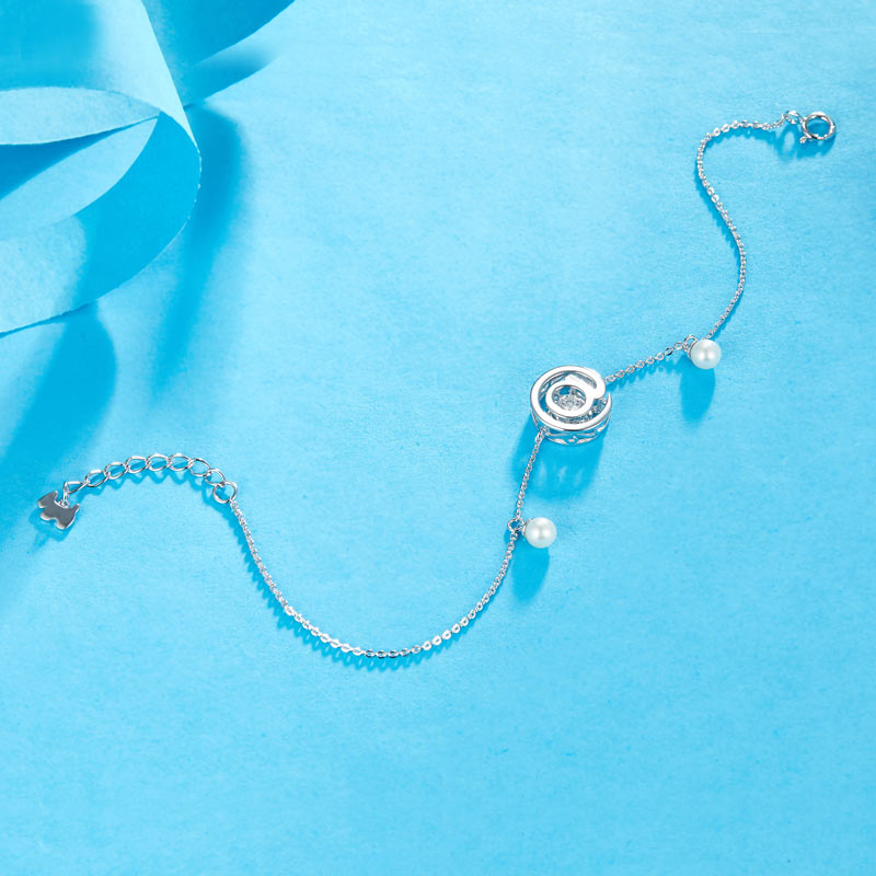 Moissanite Diamond Fresh Water Pearls & Dancing Stone Bracelet Solid Rhodium Plated 925 Sterling Silver