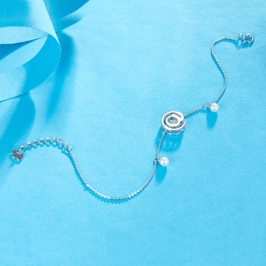 Moissanite Diamond Fresh Water Pearls & Dancing Stone Bracelet Solid Rhodium Plated 925 Sterling Silver