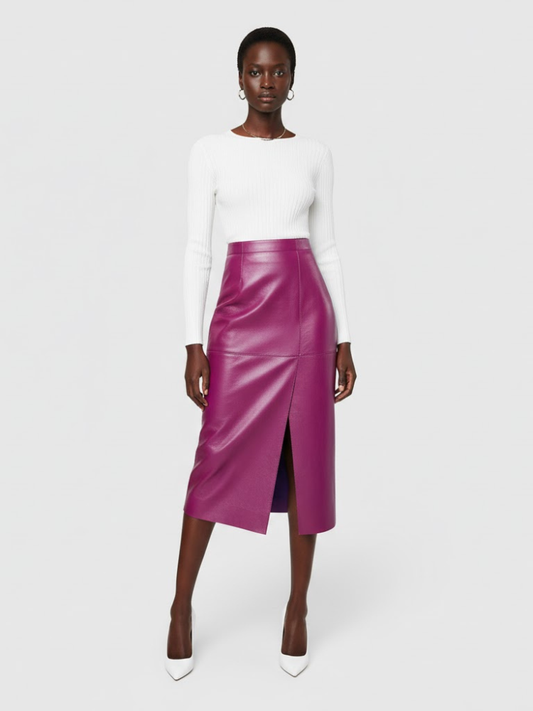 Magenta Vegan Leather Midi Pencil Skirt BLEECKER: New Colección COUTURE in NOLITA - BYMANYC ® New York