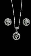 925 Sterling Silver  FamilyTree Pendant Necklace Earrings Stud Set  Rhodium Plat