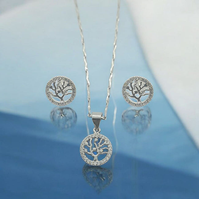 925 Sterling Silver  FamilyTree Pendant Necklace Earrings Stud Set  Rhodium Plat