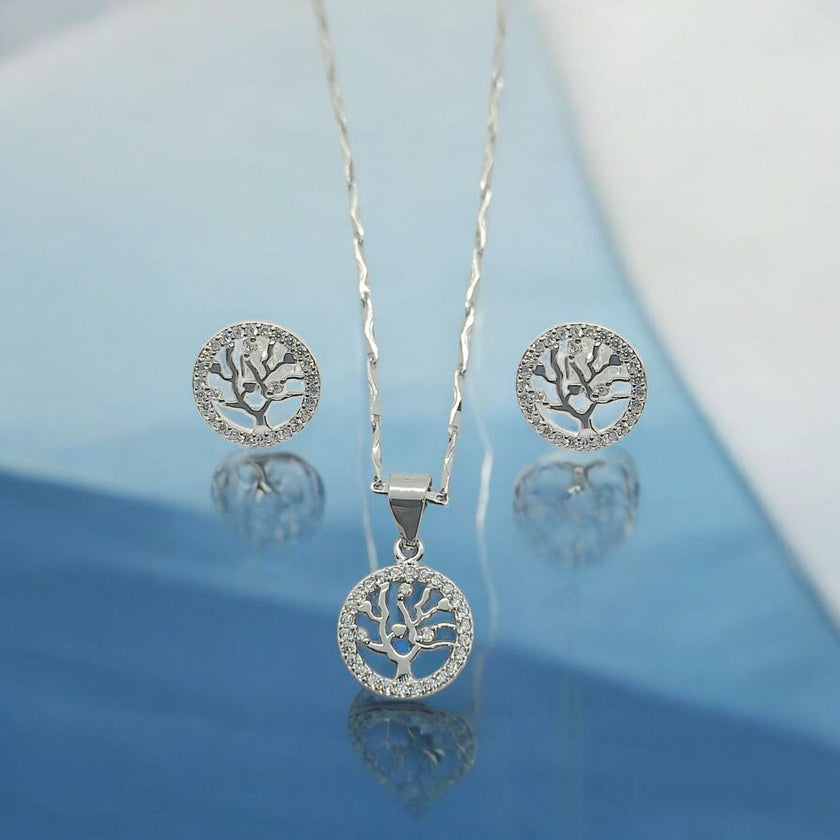 925 Sterling Silver  FamilyTree Pendant Necklace Earrings Stud Set  Rhodium Plat