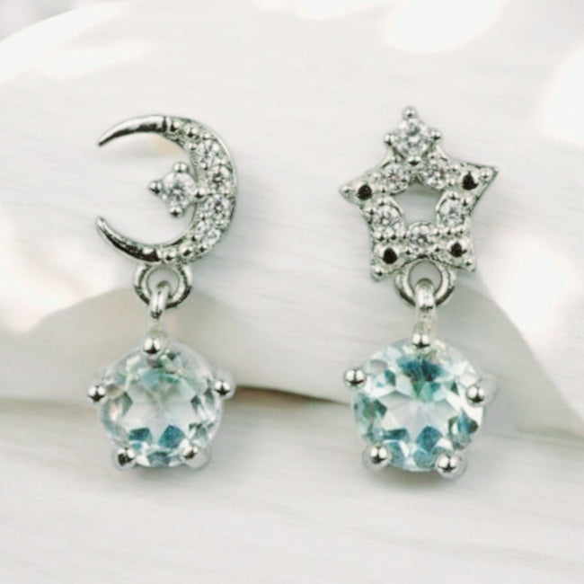 Sky Blue Topaz Star Moon Dangle Earrings Stud 925 Sterling Silver In Rhodium Pl