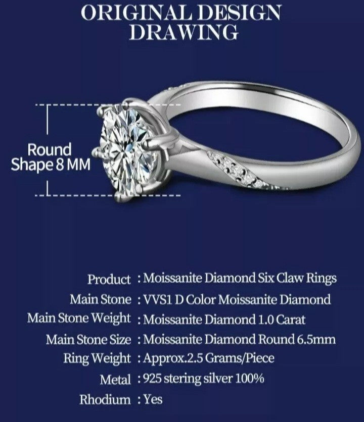 950 Platininum Plated Silver 1.0 Ct Lab Grown Moissanite Diamond's VVS1 Exelent