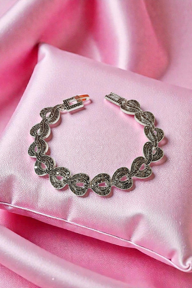Art Deco Marcasite Style Silver Tone Heart Bracelet