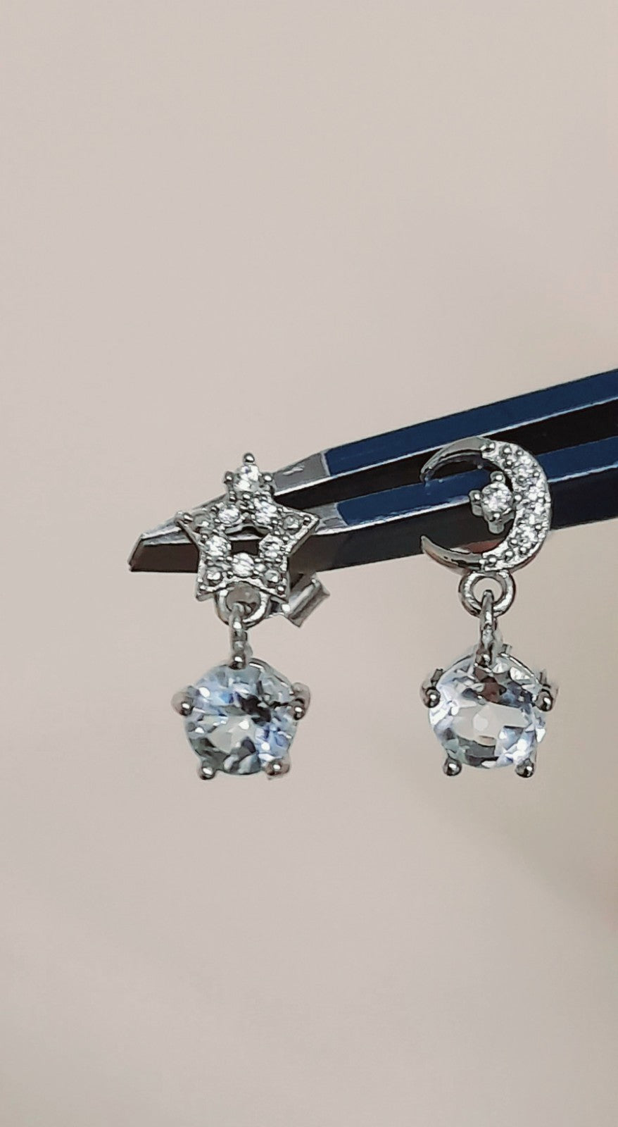 Sky Blue Topaz Star Moon Dangle Earrings Stud 925 Sterling Silver In Rhodium Pl