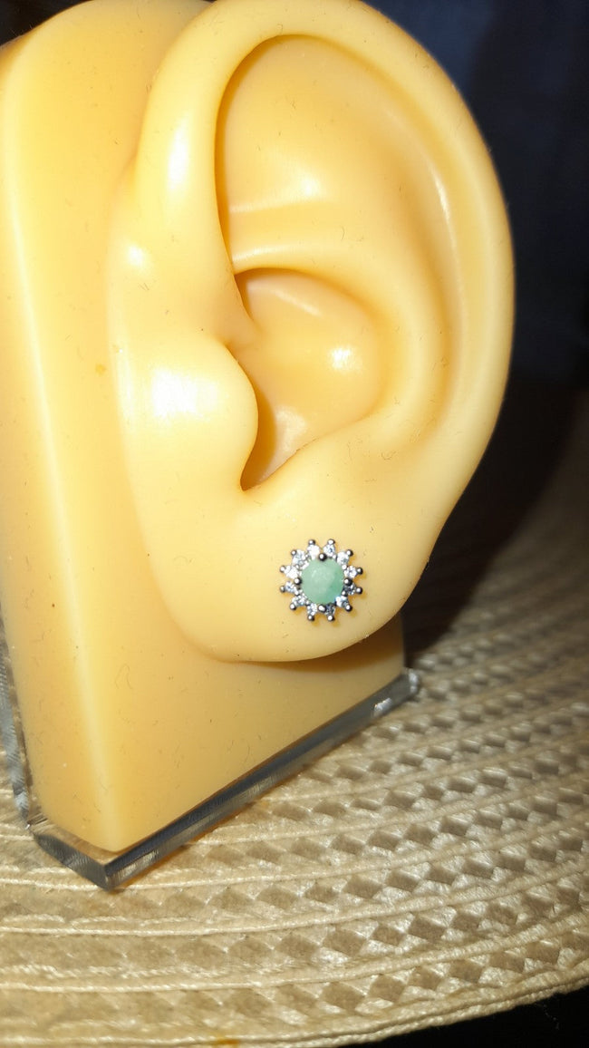 Green Round Emerald Diamonds Princess Style 925 Sterling Silver Earrings Stud