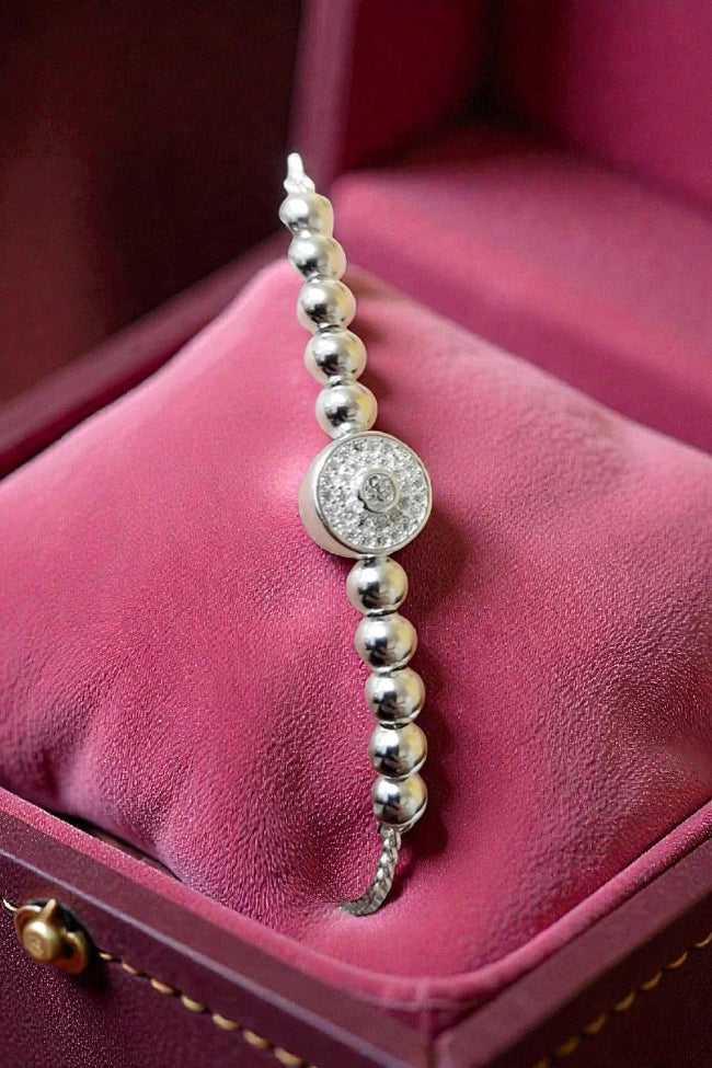 Sparkling Zircon Charm Bead  Ball's  Chain Bracelet 925 Sterling Silver In Pouch
