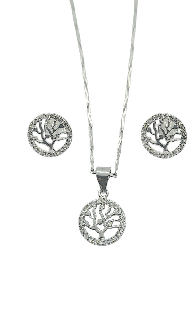 925 Sterling Silver  FamilyTree Pendant Necklace Earrings Stud Set  Rhodium Plat