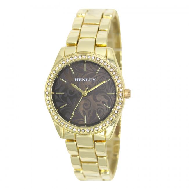 Henley Ladies Bling Etched Patterned Brown Dial & Gold plated Bracelet Watch and Presentation Gift Box