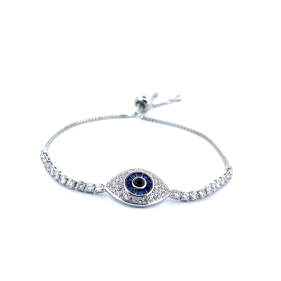 Sterling Silver 925 Evil Eye Tennis Slider Bracelet with Blue and White Moissanite