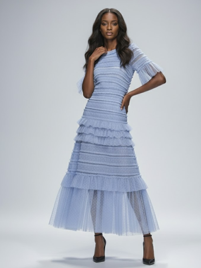 Sky Blue Ruffle Midi Dress CENTRAL PARK: Prêt-à-Porter Line BYMANYC ® New York-1