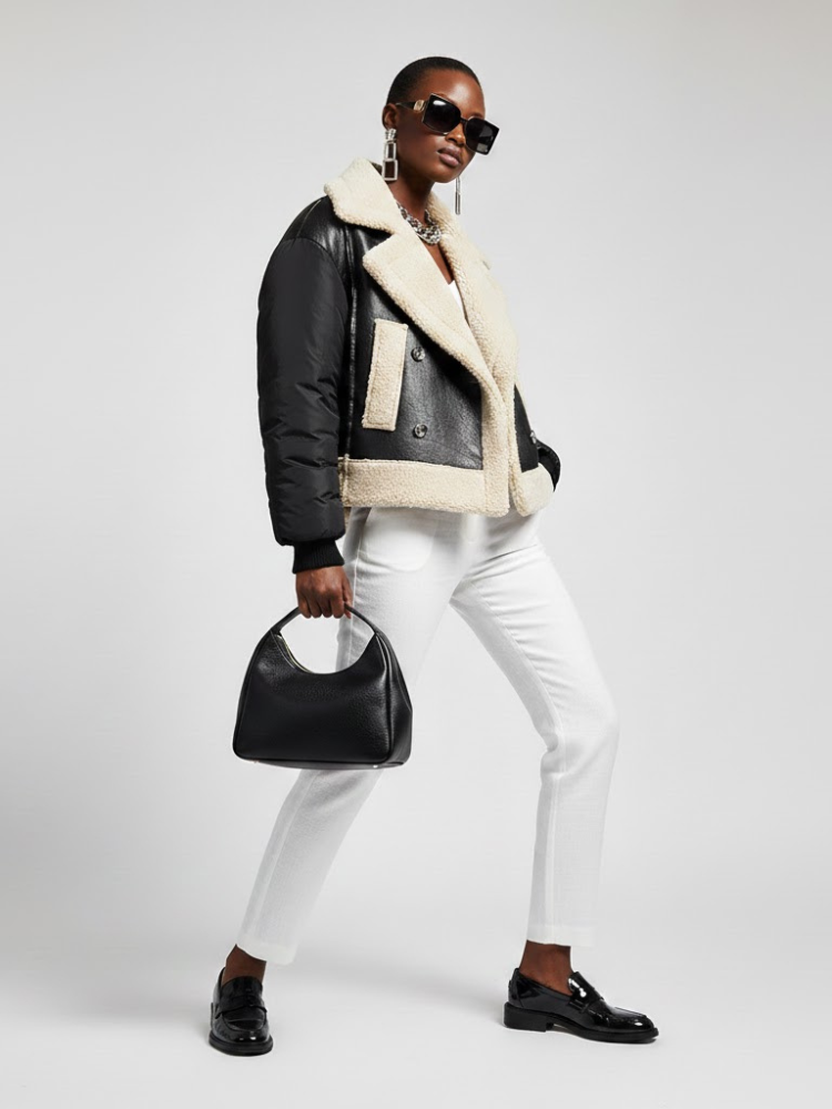 Women's Vegan Leather & Shearling Bomber Jacket BLACK - PARK SLOPE: New Collection COUTURE in BROOKLYN - BYMANYC ® New York