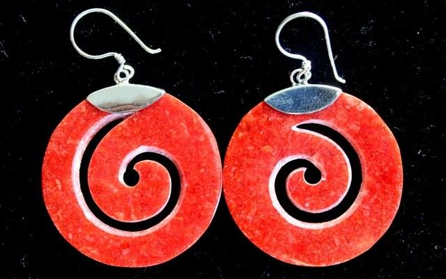 925 Silver Red Coral Earrings - Scroll Design [UK delivery]