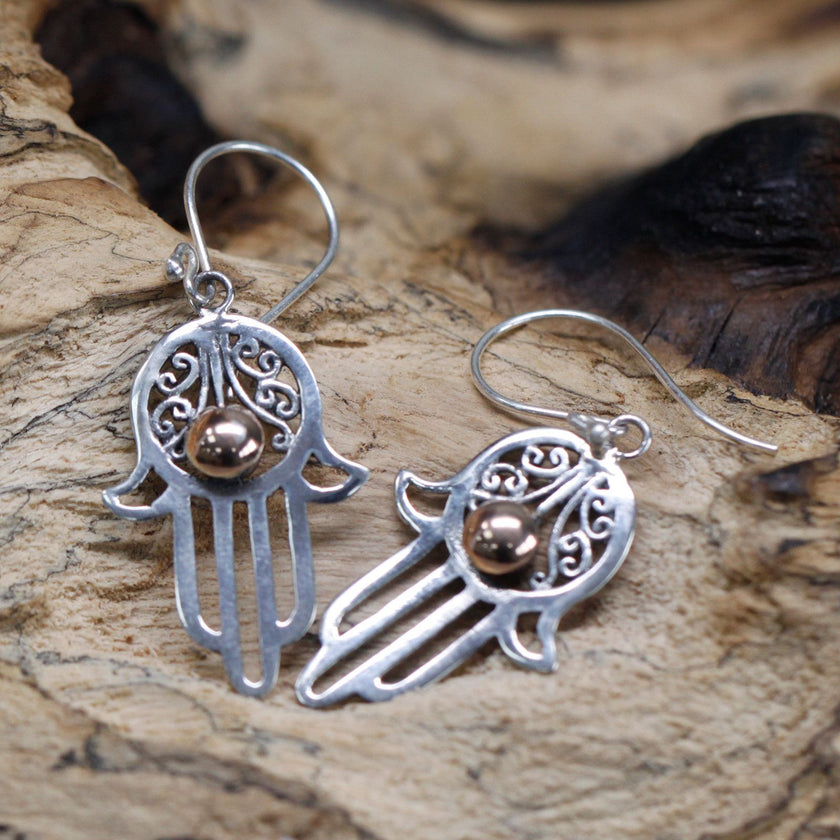 925 Silver & 18K Rose Gold Ball Dangle Earring - Hamsa [UK delivery]