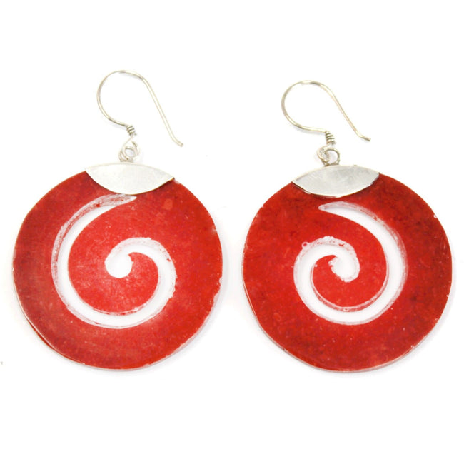 925 Silver Red Coral Earrings - Scroll Design [UK delivery]