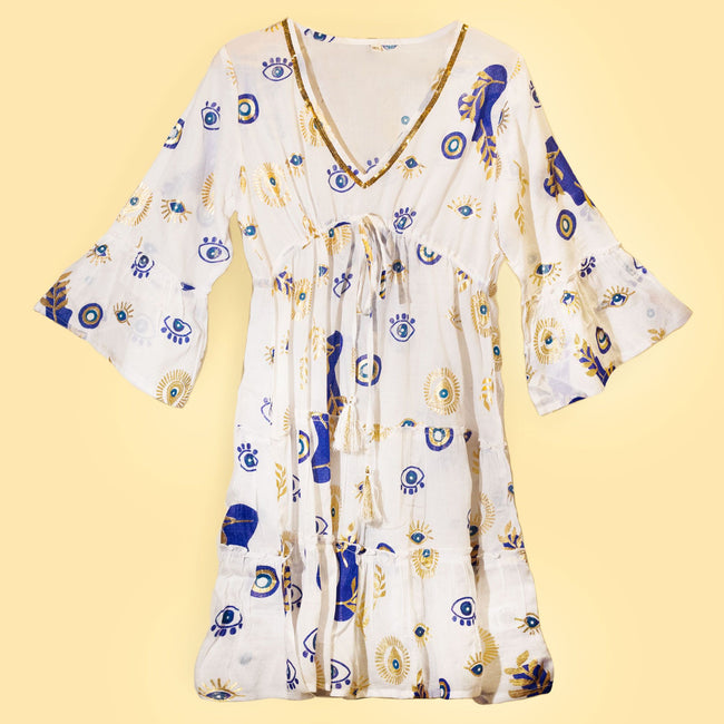 Nomad Sari Evil Eye Dress – White, Blue & Gold – Size L/XL