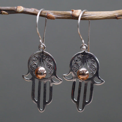 925 Silver & 18K Rose Gold Ball Dangle Earring - Hamsa [UK delivery]