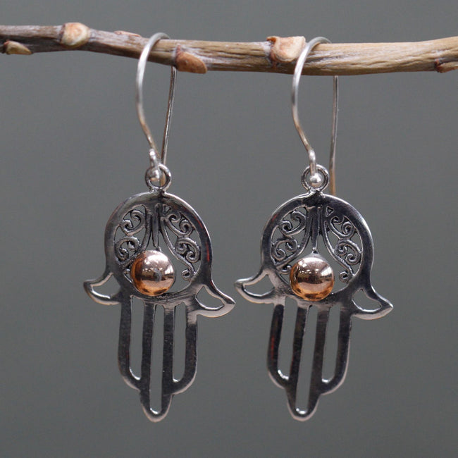925 Silver & 18K Rose Gold Ball Dangle Earring - Hamsa [UK delivery]
