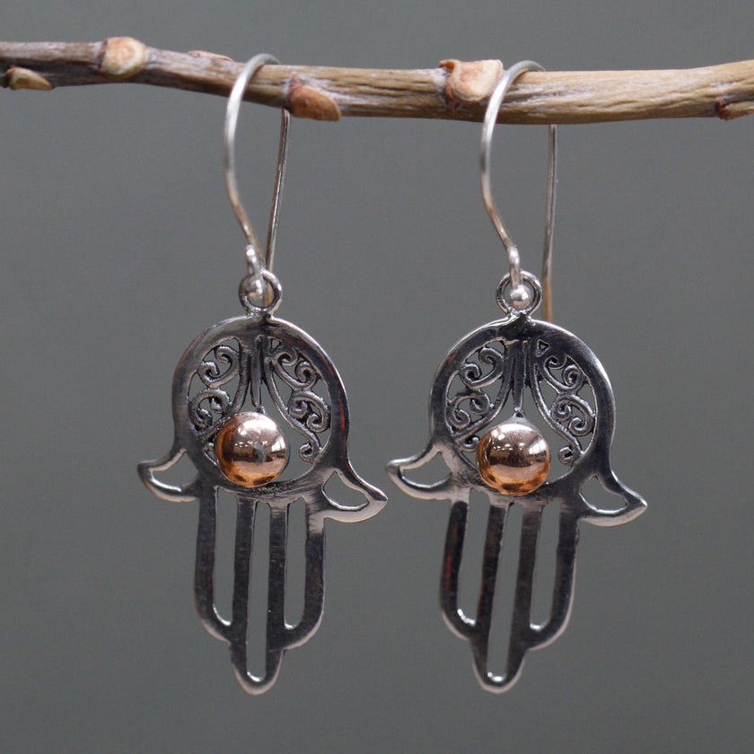 925 Silver & 18K Rose Gold Ball Dangle Earring - Hamsa [UK delivery]