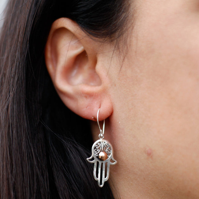 925 Silver & 18K Rose Gold Ball Dangle Earring - Hamsa [UK delivery]