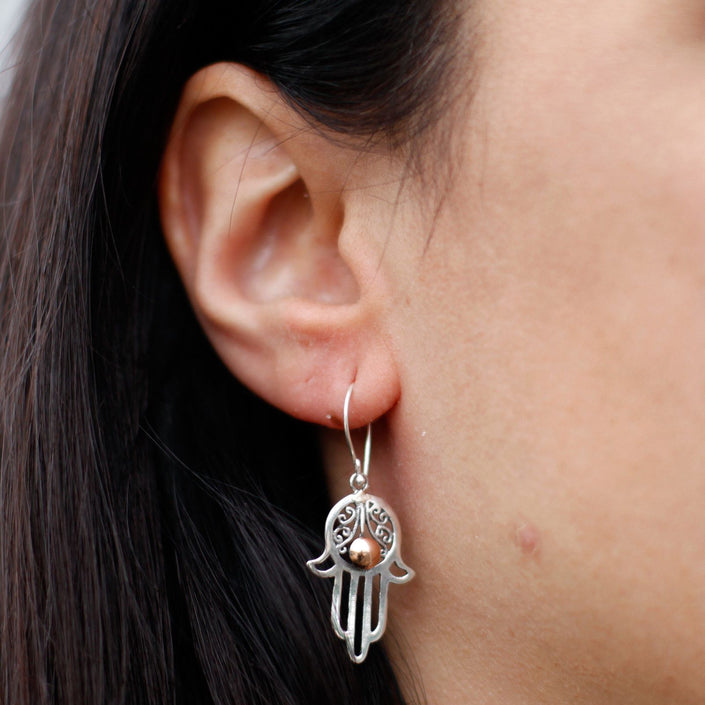 925 Silver & 18K Rose Gold Ball Dangle Earring - Hamsa [UK delivery]