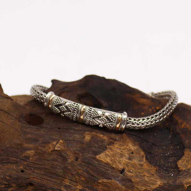 925 Silver & 18 K Gold Chain Bracelet Bali Jewellery with Gift Box