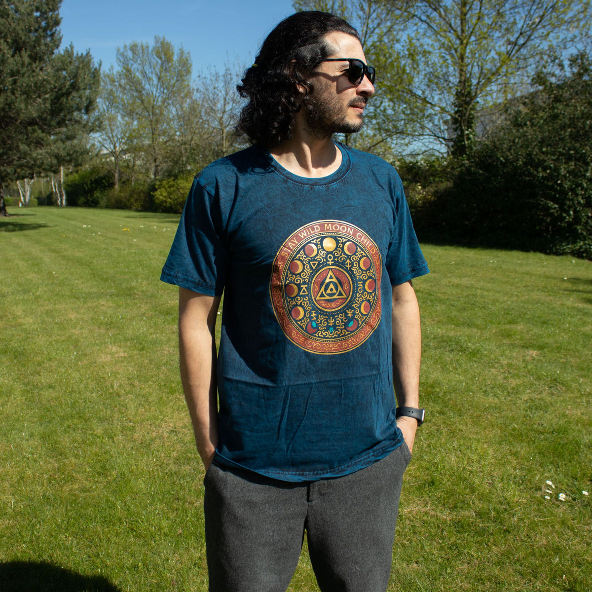 Nomad Sari Stonewashed Cotton T-Shirt - Stay Wild Moon Child - Blue - Small