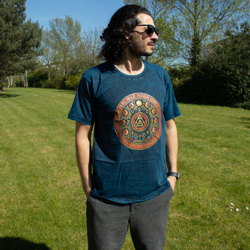 Nomad Sari Stonewashed Cotton T-Shirt - Stay Wild Moon Child - Blue - Small