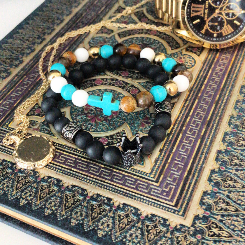 Turquoise Cross / Royal Beads - Gemstone Bracelet [ Free UK delivery]