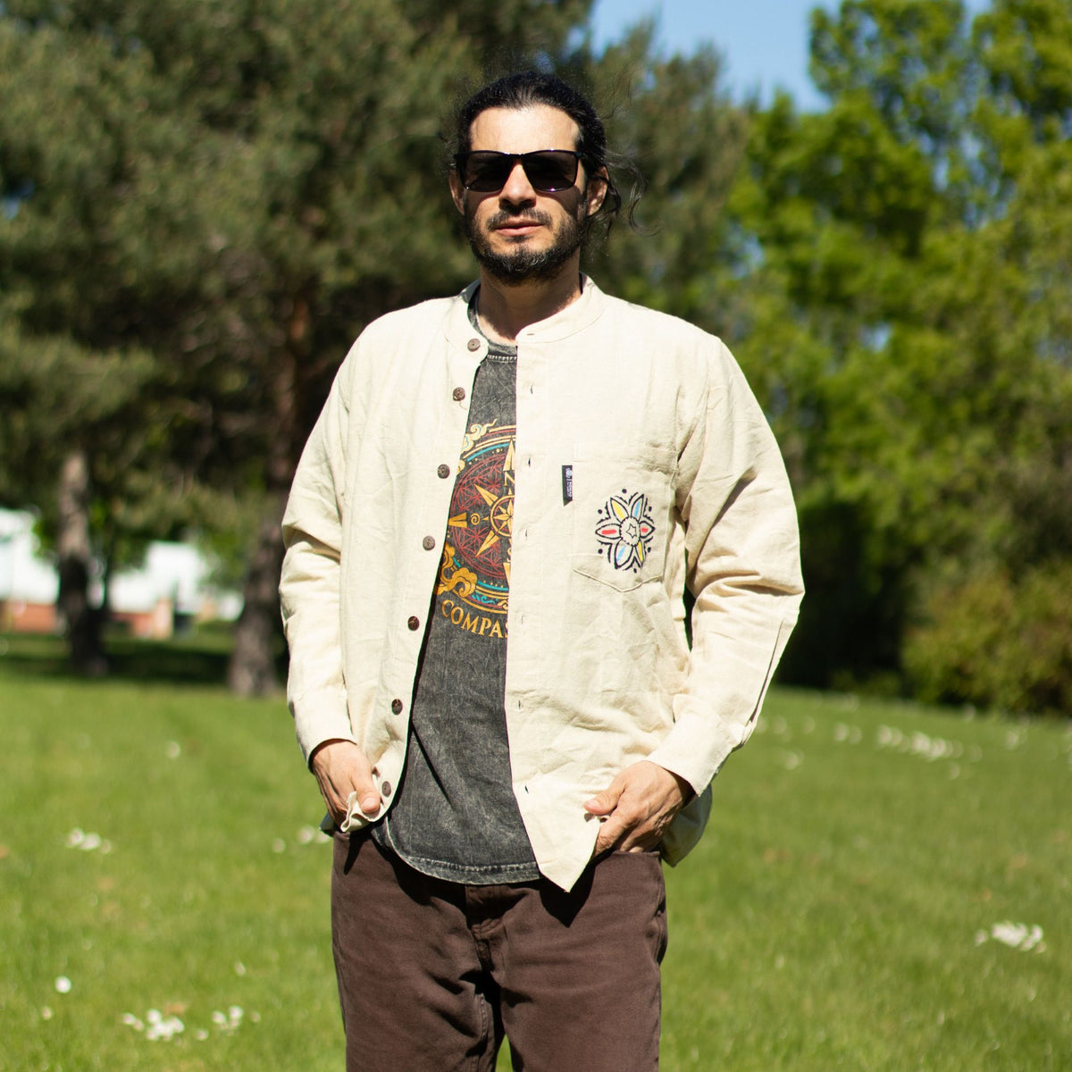 Nomad Sari Stonewashed Cotton T-Shirt - Compass of Life - Charcoal - XL