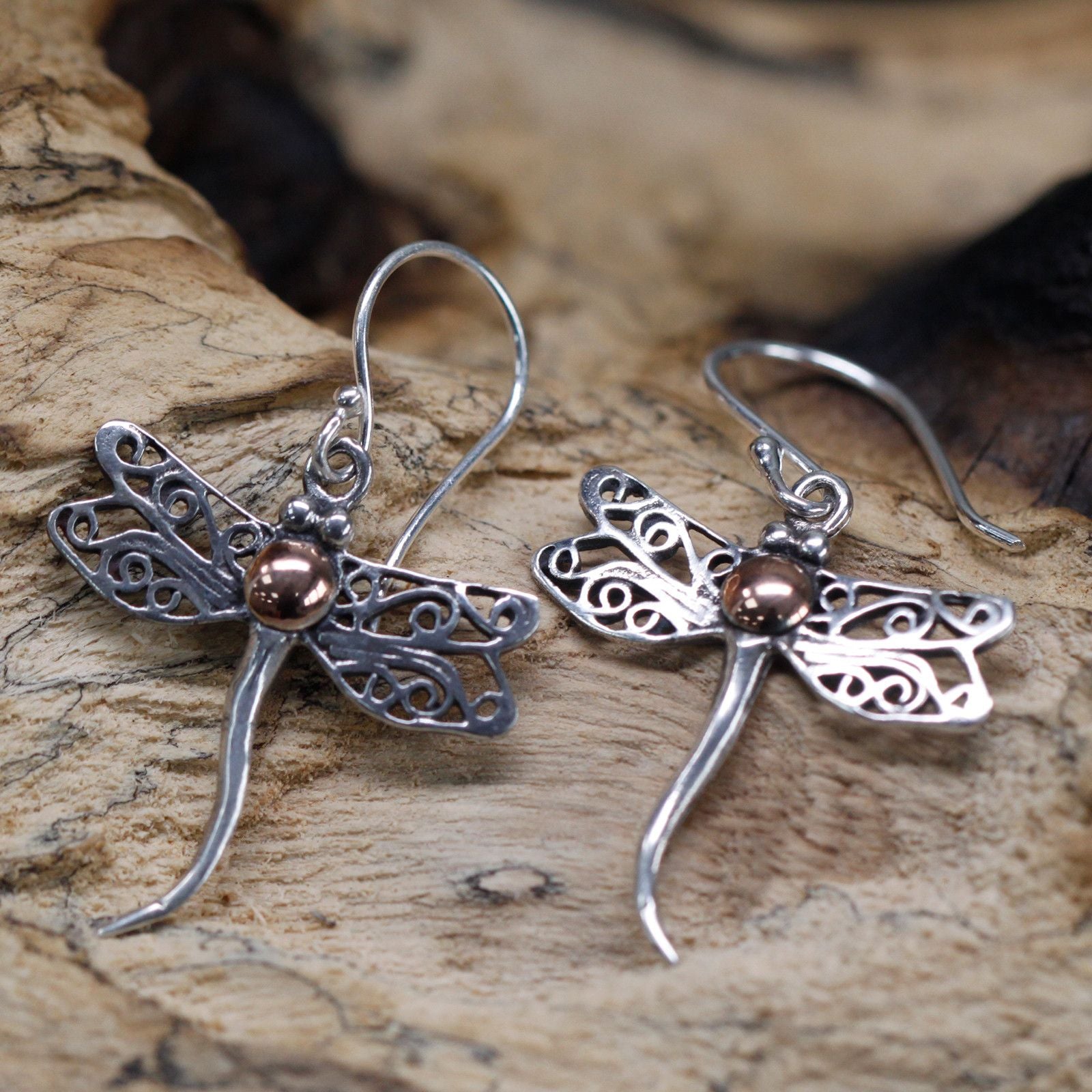 925 Silver & 18 K Gold Earring - Dragonflies Bali Jewellery