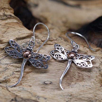 925 Silver & 18 K Gold Earring - Dragonflies Bali Jewellery